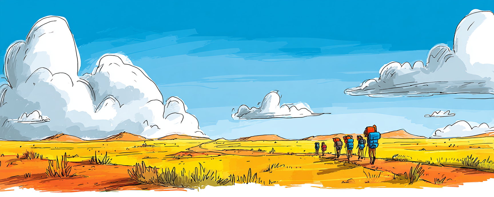 A group of hikers walking together across a vast open plain toward the horizon